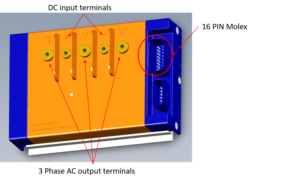 High-power controller terminals and 16-pin Molex connector
